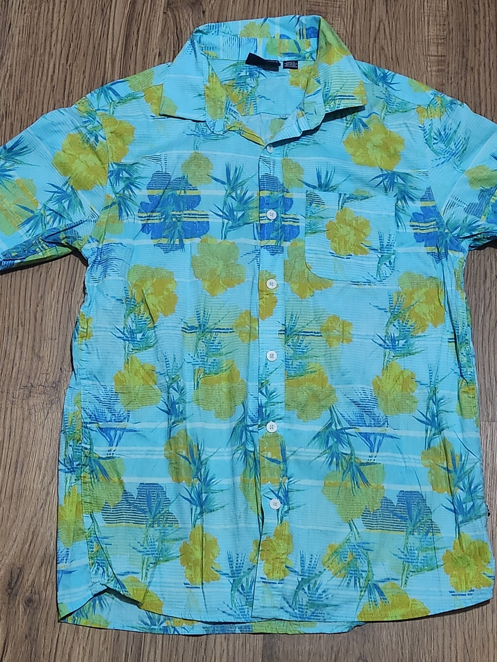 Cherokee Aqua Blue & Yellow Floral Short Sleeve Button-Up Shirt